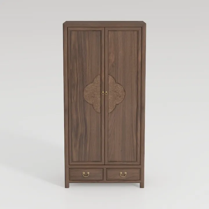 Traditional Solid Walnut Wood Wardrobe with Decorative Floral Details and Brass Hardware 3D Model