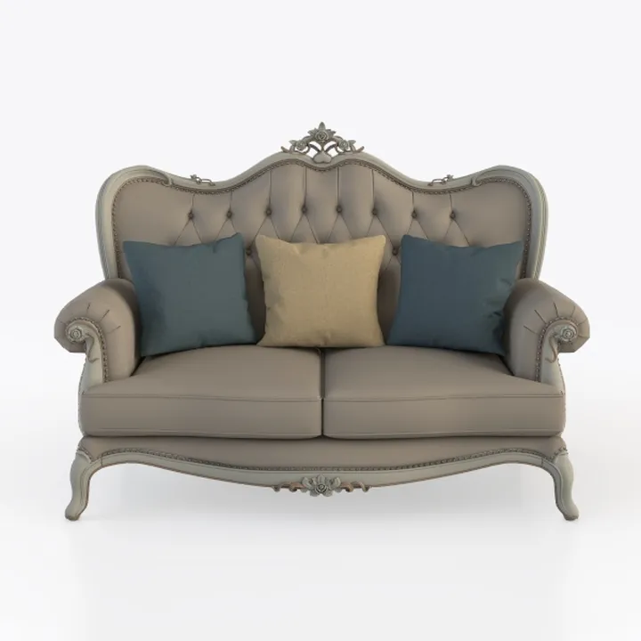 Vintage Carved Solid Wood Leather Loveseat Sofa with Throw Pillows 3D Model