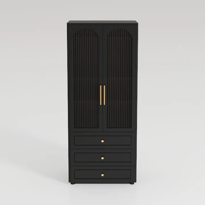 Modern Black Solid Wood Fluted Door Cabinet with Gold Hardware 3D Model