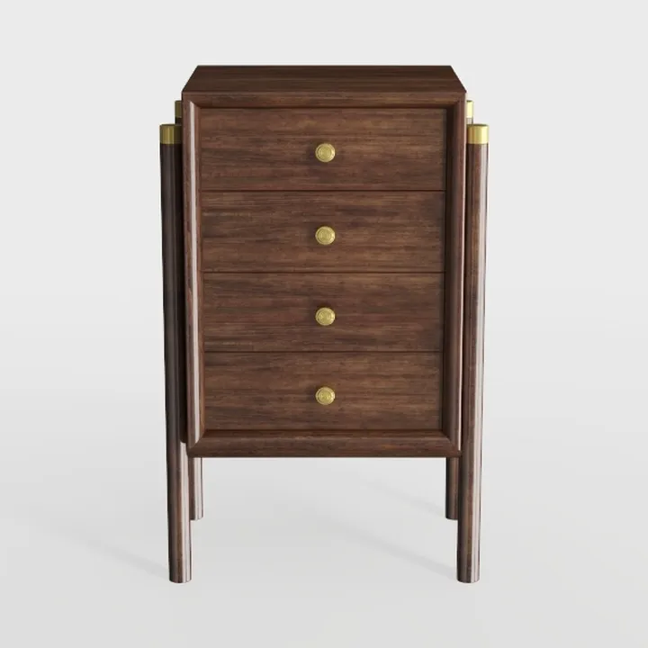 Modern Solid Wood Brass Accent 4 Drawer Nightstand 3D Model