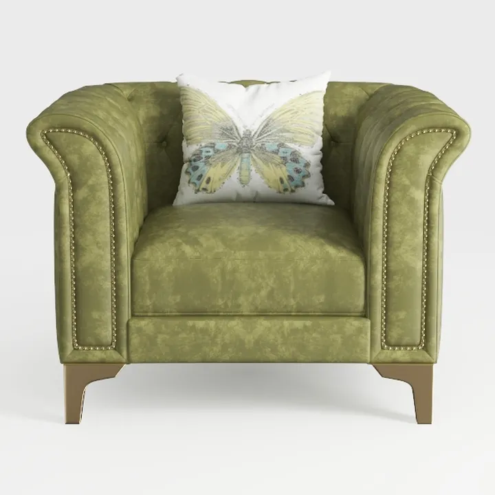 Modern Green Leather Tufted Armchair with Brass Accents 3D Model