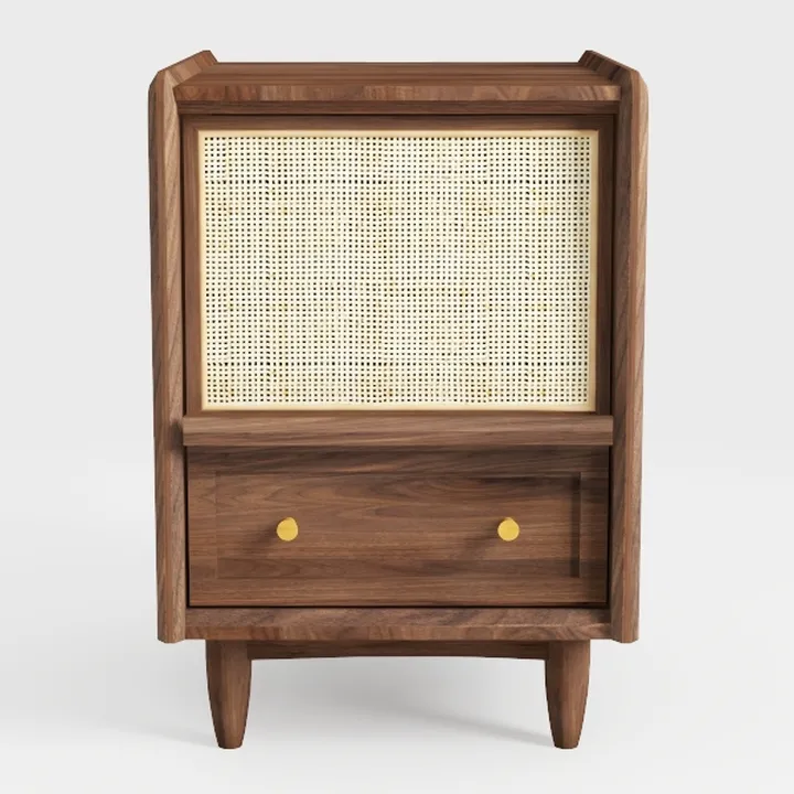 Mid Century Walnut Rattan Nightstand With Brass Knobs 3D Model
