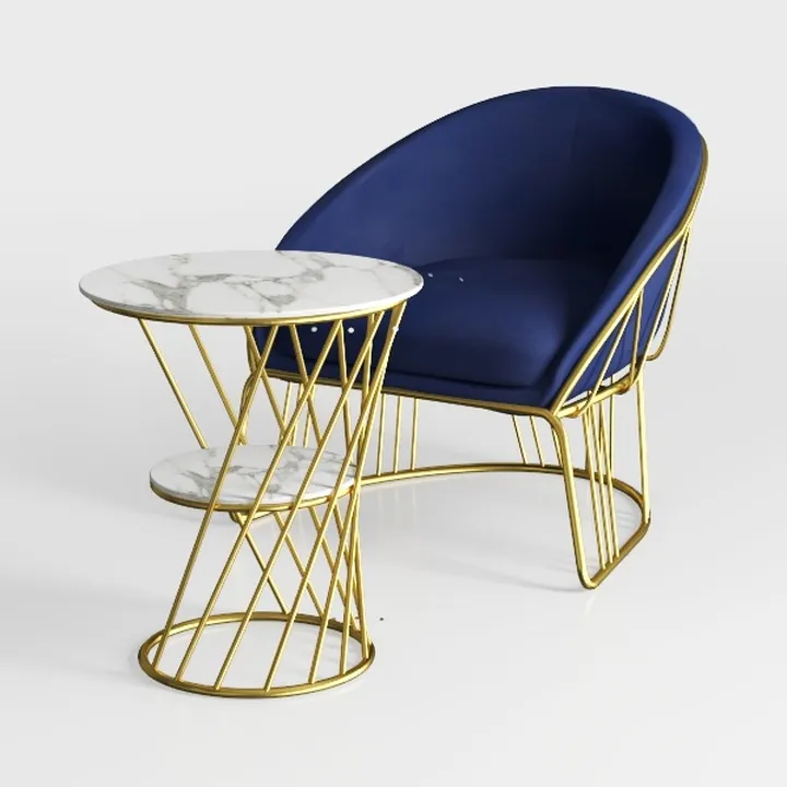 Modern Navy Velvet Gold Metal Marble Side Table and Armchair 3D Model