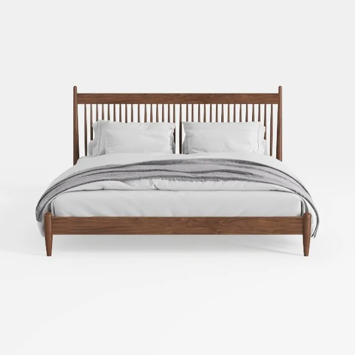 Mid Century Walnut Solid Wood Spindle Headboard King Bed 3D Model