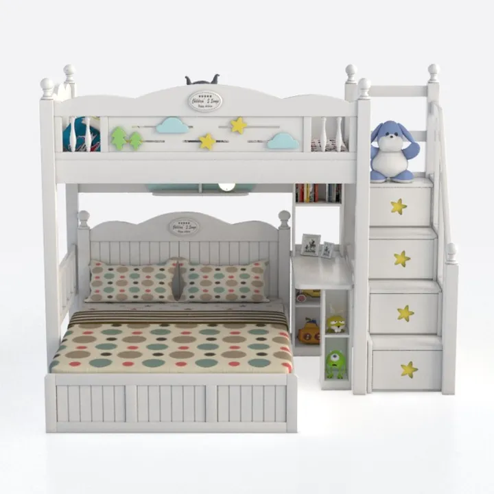White Solid Wood Kids Bunk Bed with Storage Stairs and Desk 3D Model
