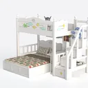 White Solid Wood Kids Bunk Bed with Storage Stairs and Desk 3D Model Left 45 Degree View