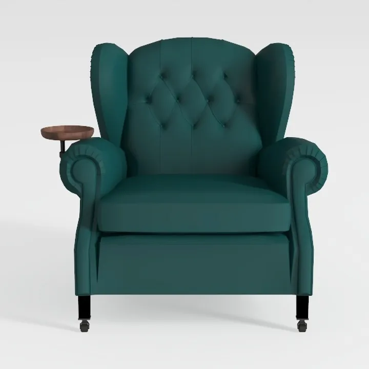 Teal Leather Tufted Wingback Armchair with Side Tray 3D Model