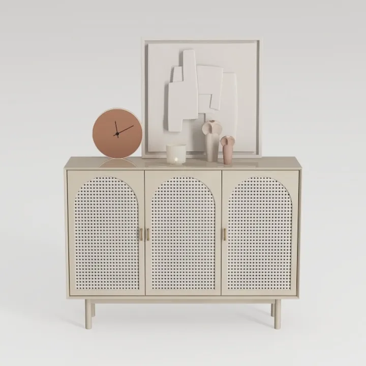 Minimalist Japandi Cane Solid Wood Sideboard Cabinet 3D Model