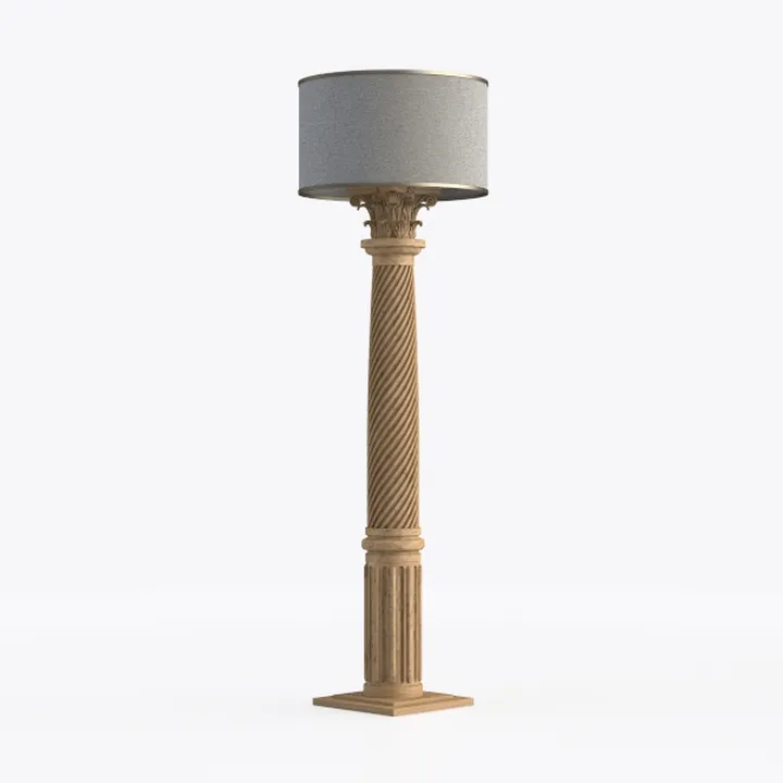 Classic Solid Wood Carved Column Floor Lamp with Linen Shade 3D Model