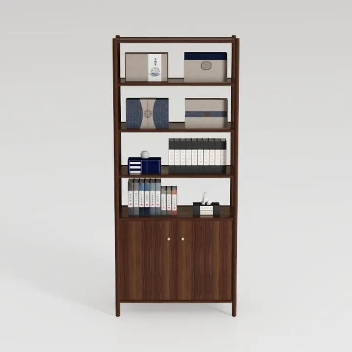 Minimalist Solid Walnut Wood Freestanding Bookshelf with Cabinet Storage 3D Model