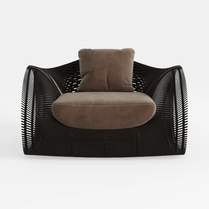 Modern Black Woven Frame Brown Velvet Upholstered Armchair 3D Model