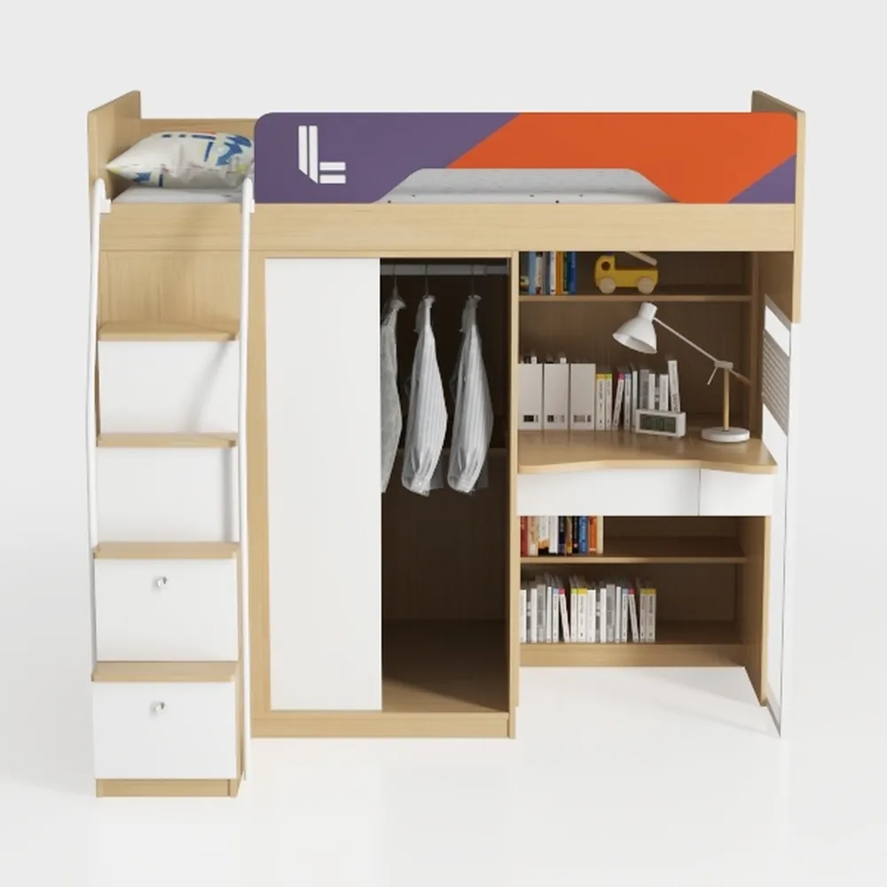 SOFTSEA Twin Loft Bed with Wardrobe and Shelves, W