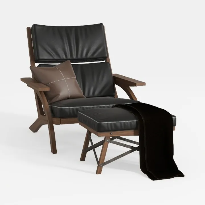 Modern Solid Wood Black Leather Armchair with Ottoman 3D Model