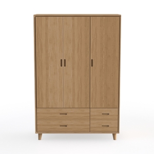 Minimalist Solid Oak Wood 3 Door Drawer Wardrobe 3D Model