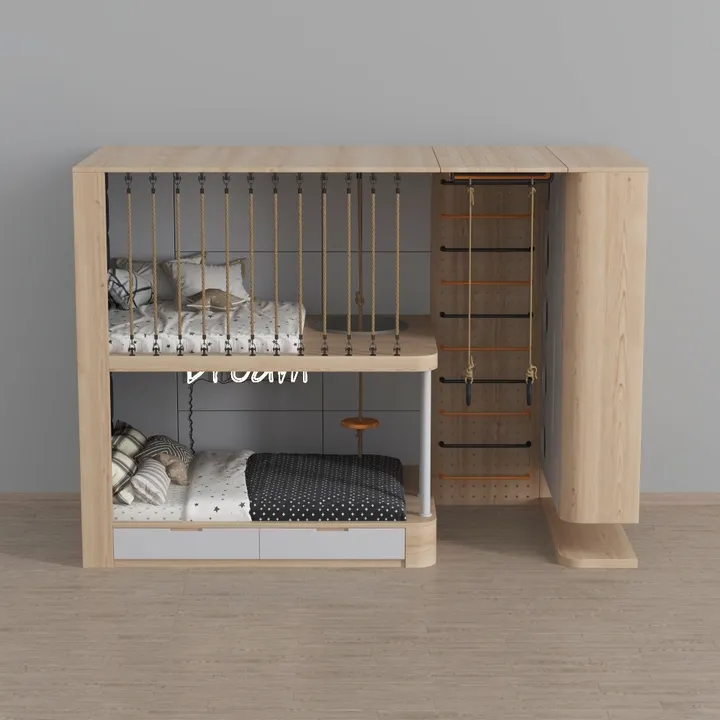 Modern Solid Wood Kids Bunk Bed with Storage and Climbing Wall 3D Model