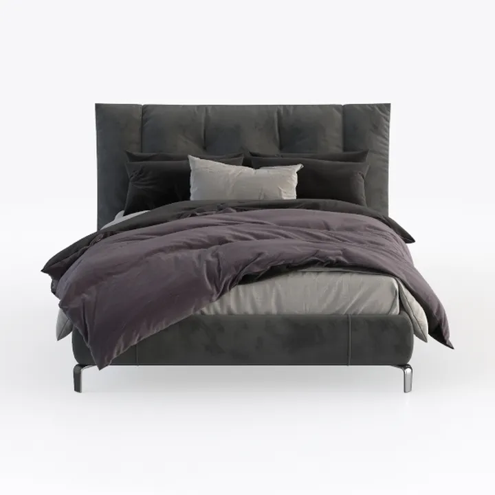 Modern Velvet Upholstered King Size Bed With Metal Legs 3D Model