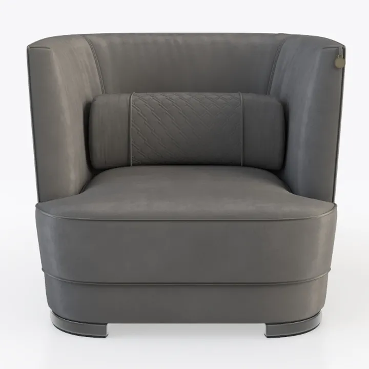Modern Gray Velvet Upholstered Barrel Armchair with Quilted Lumbar Pillow 3D Model