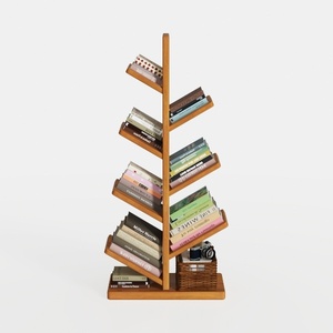 Minimalist Solid Wood Tree Shape Bookshelf with Storage Basket 3D Model