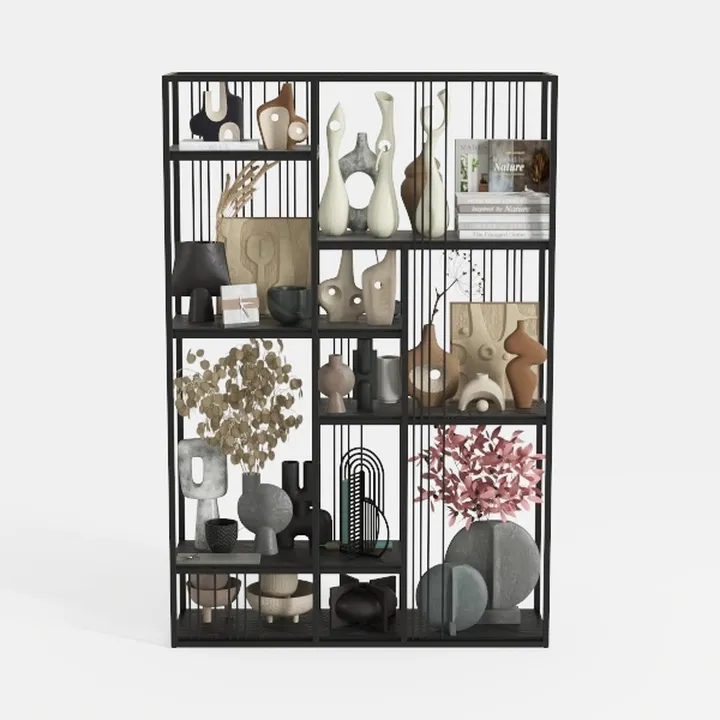 Modern Minimalist Metal Wooden Display Shelf with Decor Accessories 3D Model