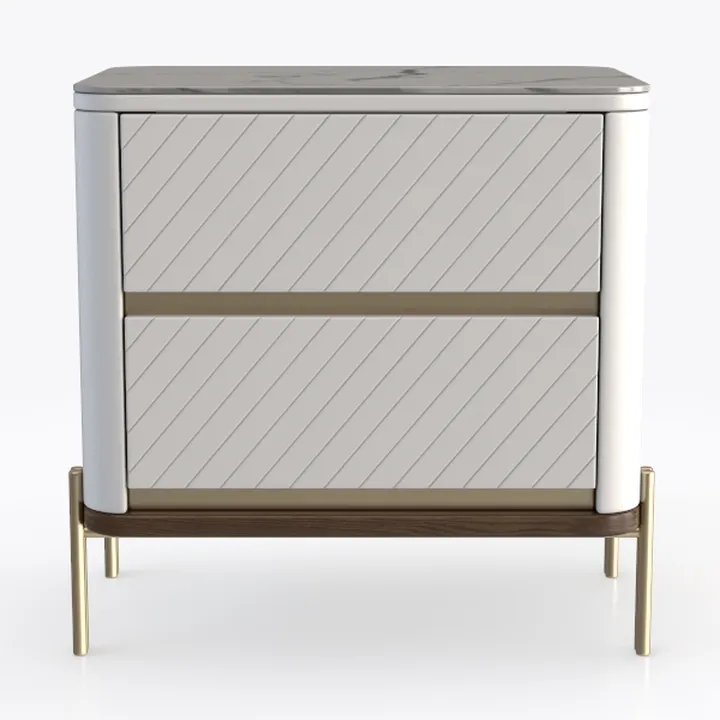 Modern Marble Top Solid Wood Gold Accent Two Drawer Nightstand 3D Model