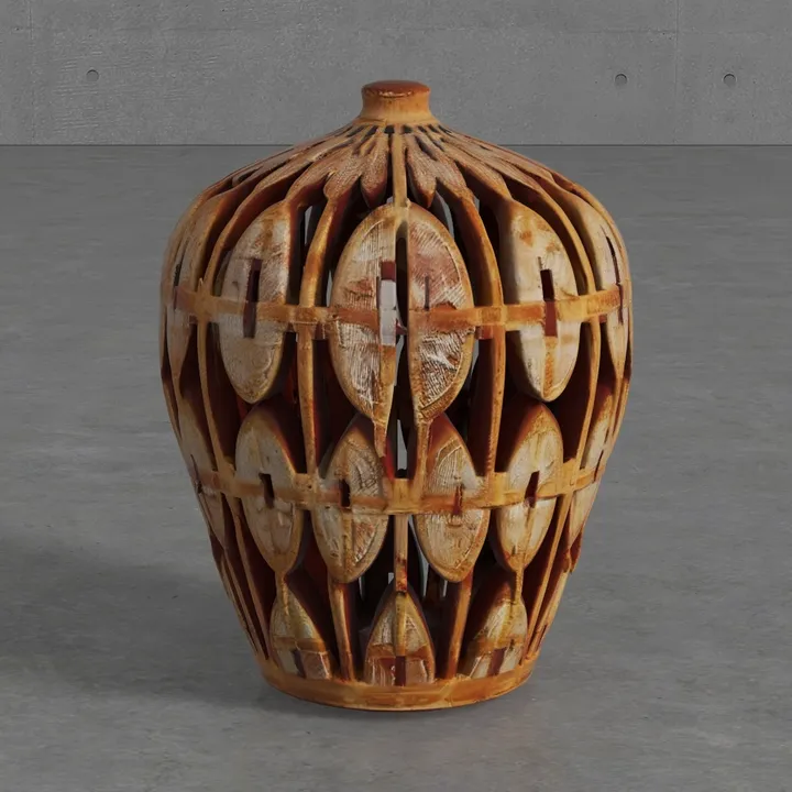 Rustic Handcarved Solid Wood Decorative Vase 3D Model
