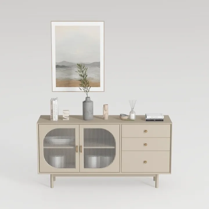 Minimalist Beige Solid Wood Sideboard Cabinet with Fluted Glass Doors 3D Model