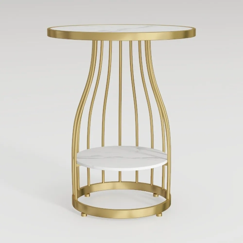 LITTLE TREE Gold Round End Table, 2-Tier Side