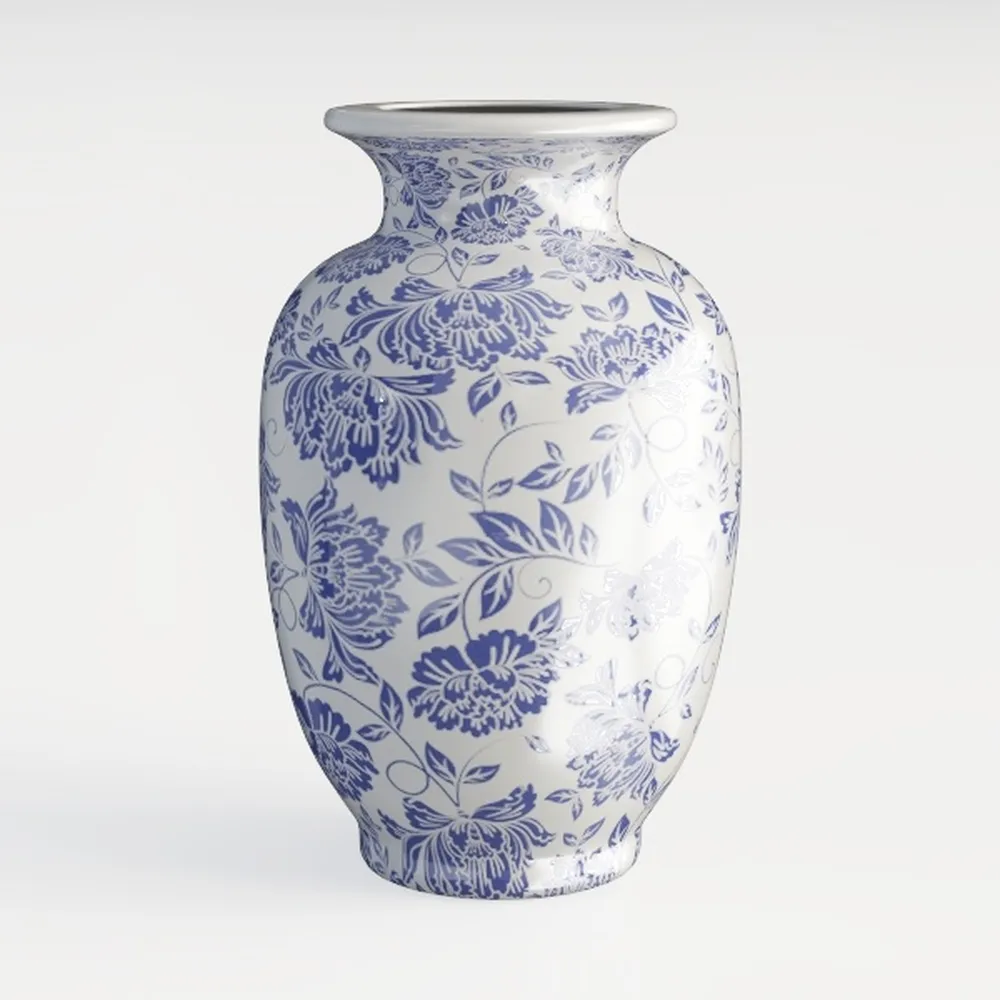 QIANLING Blue and White Floral Vase - 10.6"