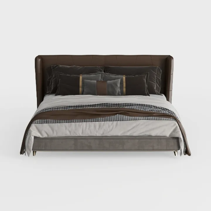 Modern Brown Leather Upholstered King Size Bed 3D Model
