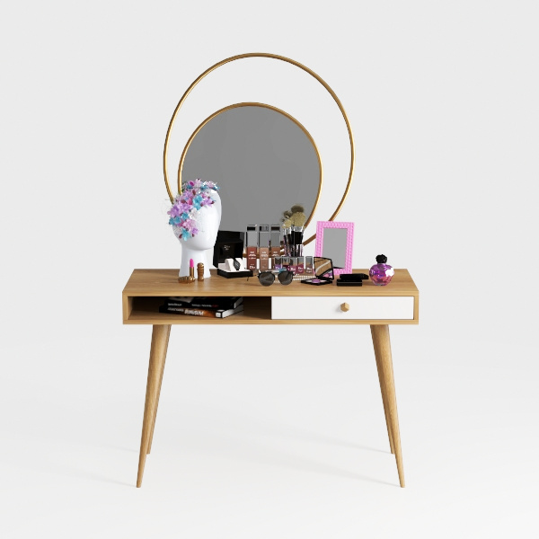 2-Piece White and Natural Makeup Vanity Set with L