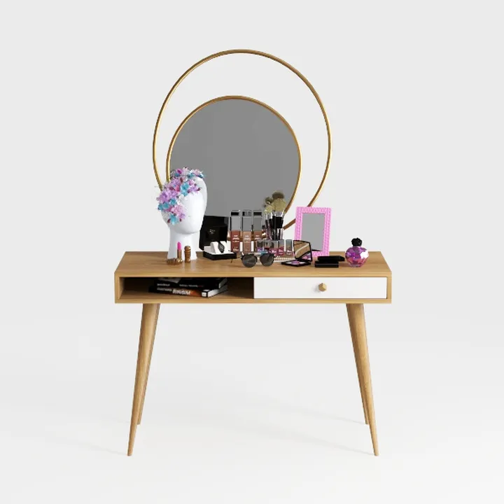 2-Piece White and Natural Makeup Vanity Set with L