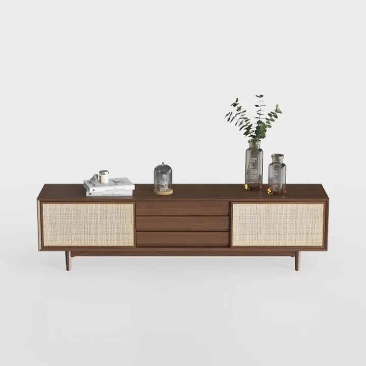 Mid Century Solid Wood Rattan TV Cabinet 3D Model