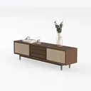 Mid Century Solid Wood Rattan TV Cabinet 3D Model Left 45 Degree View