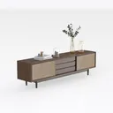 Mid Century Solid Wood Rattan TV Cabinet 3D Model Right 45 Degree View