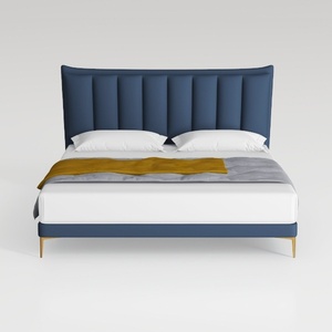 Modern Navy Velvet Upholstered King Size Bed With Gold Metal Legs 3D Model