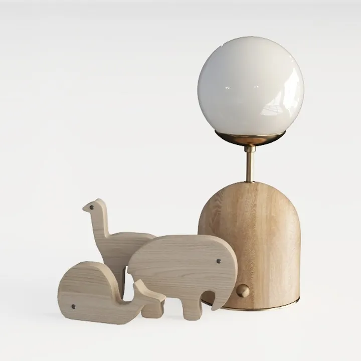 Modern Oak Brass Glass Table Lamp With Wooden Animal Decor 3D Model