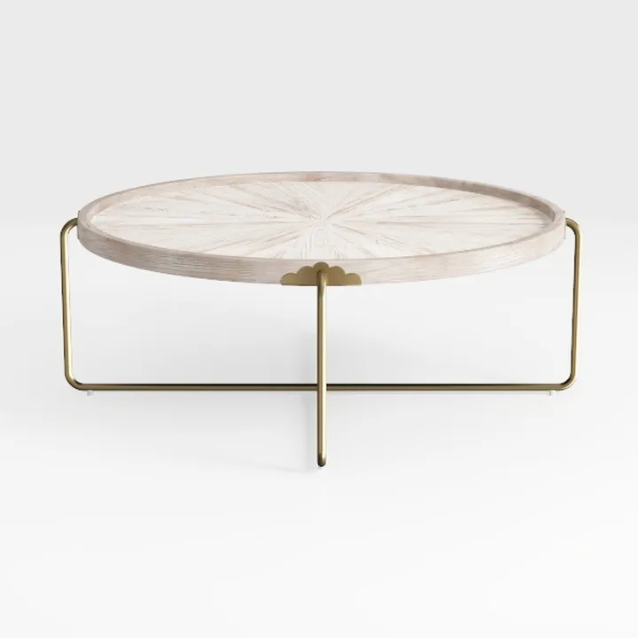 Minimalist Solid Wood Top Brass Metal Round Coffee Table 3D Model