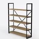 Industrial Black Metal Oak Wood Open Bookshelf 3D Model Left 45 Degree View