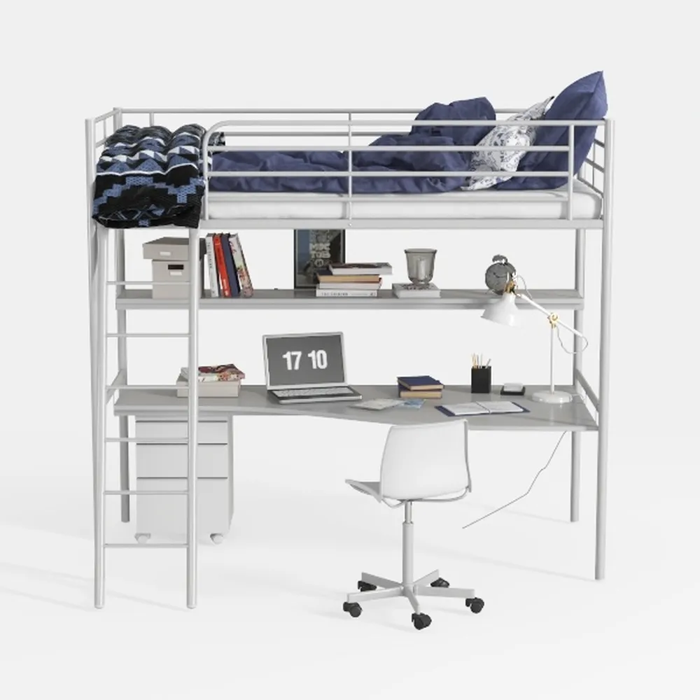 Merax Twin Metal Loft Bed with 2 Shelves and one D