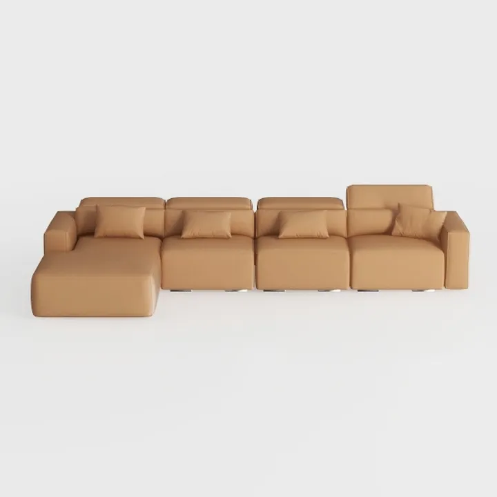 Minimalist Tan Leather Modular Sectional Sofa 3D Model