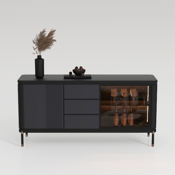 Wooden Buffet Cabinet with Glass Doors, Rattan