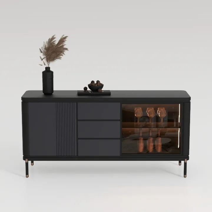 Wooden Buffet Cabinet with Glass Doors, Rattan