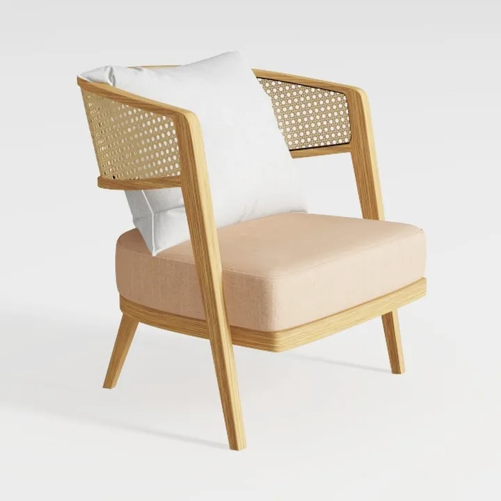 Minimalist Japandi Oak Cane Fabric Armchair 3D Model