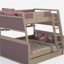 Modern Solid Wood Pink Fabric Kids Bunk Bed with Storage Shelves 3D Model Right 45 Degree View