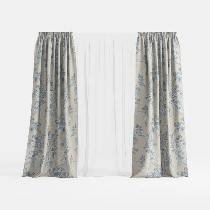 Vintage Floral Print Linen Double Layer Curtains 3D Model