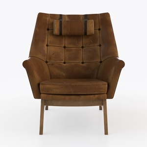 Vintage Brown Leather Tufted Armchair with Wooden Legs 3D Model