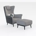 Minimalist Fabric Wingback Recliner Chair with Ottoman 3D Model Right 45 Degree View