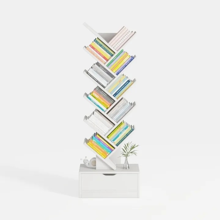 Minimalist White Solid Wood Bookshelf with Drawer Storage 3D Model