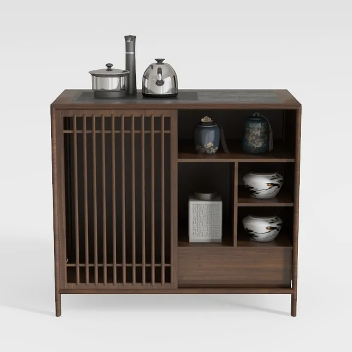 Minimalist Solid Wood Storage Cabinet Open Shelving Tea Station 3D Model