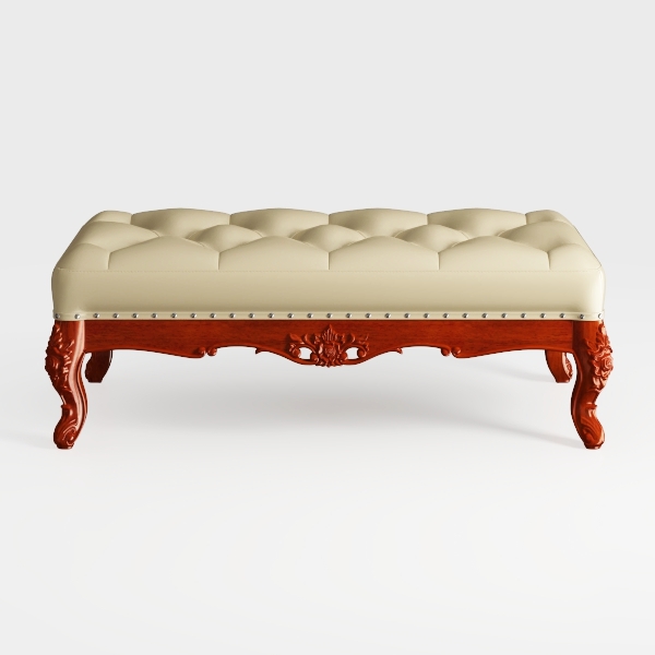 Beige French Vintage Ottoman Bench with Linen Upho